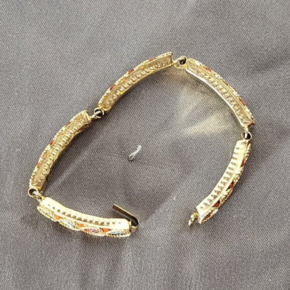 Unsigned Vintage Gold Tone Italian Micro Mosaic Five Link Hinged Floral Bracelet - Picture 11 of 16